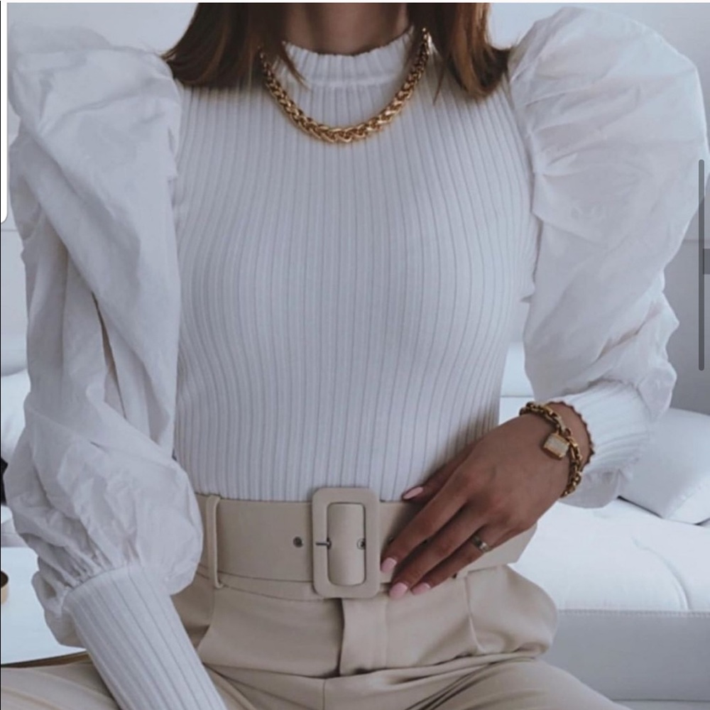 NWT Zara Combination Puff Sleeve Knit Top White - Picture 8 of 11